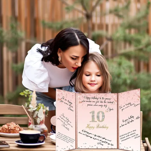 Vista 5 de Crenics Decoraciones de cumpleaños número 10 de oro rosa, alternativa creativa para libro de invitados de 10º cumpleaños, libro de firmas grande