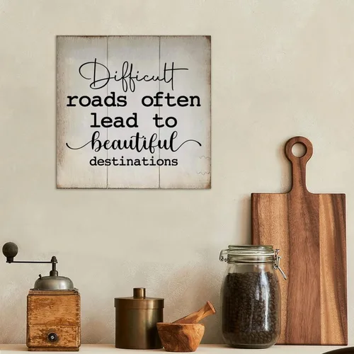 Vista 3 de LITTLEGROVE SEEDS Divertido letrero de madera para palet con texto en inglés "Difficult Roads Often to Beautiful Destinations", letreros de madera