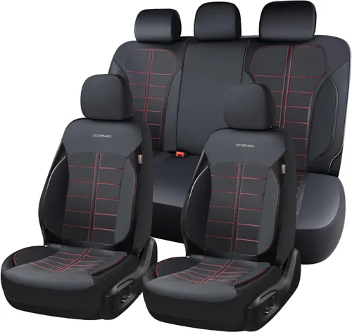 Vista 18 de Coverado Front Seat Leather Covers, Full Leather Construction with Carbon Fibre Weave, Universal Fit for Most Cars SUV Trucks (Beige)