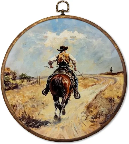 HUGANE Decoración de pared redonda de vaquero occidental rústico, retro, campiña, equitación, vaquero, occidental, impresiones enmarcadas para