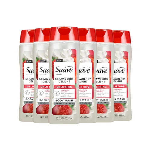 Suave Strawberry Delight Gel de baño estimulante, formulado con glicerina y vitamina E para hidratar y limpiar suavemente la piel, 18 onzas, paquete
