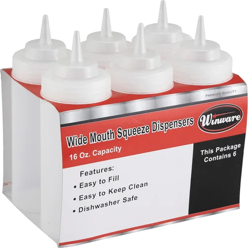 Vista 3 de Winco Botellas exprimibles de boca ancha, 16 onzas, transparentes, medianas, 6 piezas