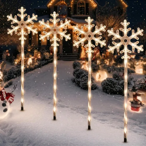 4 Pack Snowflake Solar Christmas Pathway Lights, Outdoor Decor 4 Pack-Warm White