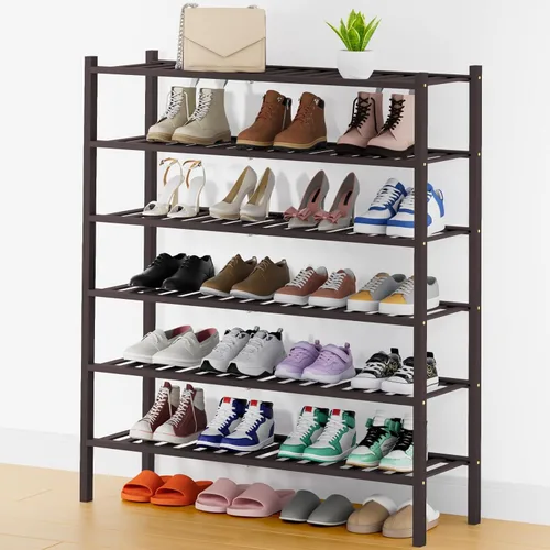 Vista 105 de Smiry Zapatero pequeño de bambú de 2 niveles, apilable, estante de almacenamiento de zapatos de madera para armario, entrada, entrada de puerta Negro