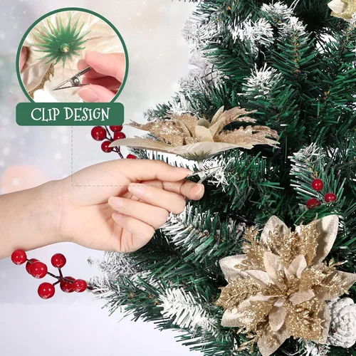 Vista 6 de 12 flores artificiales de Navidad con purpurina para corona de Navidad, adornos de árbol de Navidad con 12 tallos y clips (dorado)