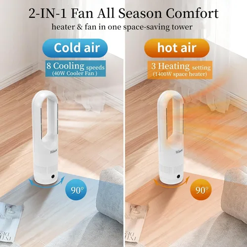 Vista 2 de Hiluce Ventilador sin aspas para todas las estaciones, combo de calentador de espacio de 1400W y ventilador de torre de 40W con control remoto
