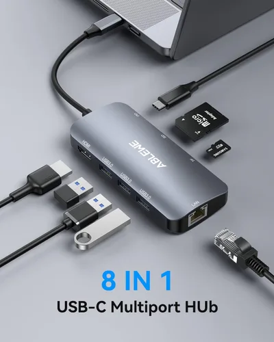 Vista 2 de Adaptador multipuerto USB C, concentrador ABLEWE USB-C con HDMI 4K a 60Hz, Ethernet de 1 Gbps, 100 W PD, lector de tarjetas SD/TF, 3 puertos USB 3.0