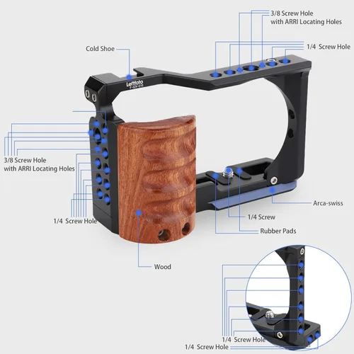 Vista 6 de Leftfoto Jaula de metal mejorada con mango de madera para Sony Alpha ZV-E10 Accesorios de grabación de video, micrófono de zapata fría/extensión