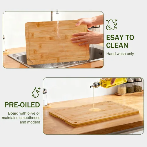 Vista 6 de Tablas de cortar de bambú para cocina, tabla de cortar de madera con ranuras para jugo y asas integradas, tabla de cortar grande, mediana y pequeña