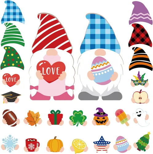 Yalikop Decoración de gnomo de madera intercambiable, decoraciones navideñas de gnomo con piezas magnéticas y sombreros desmontables, letrero de