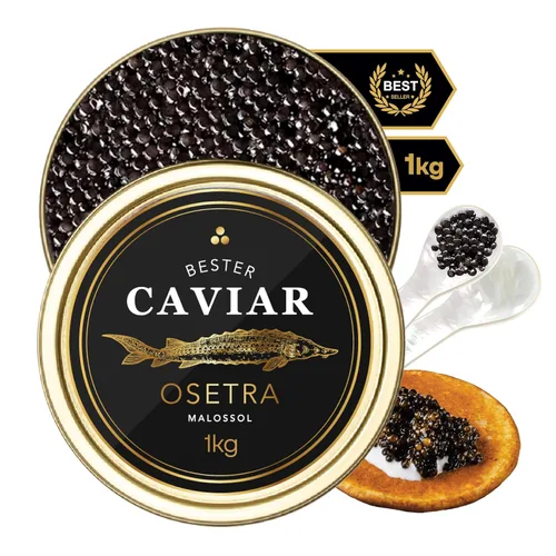 Vista 8 de BESTER CAVIAR Caviar de esturión Osetra prémium – Huevas negras de Malossol Ossetra cosechadas tradicionalmente con cuchara de nácar – Lata