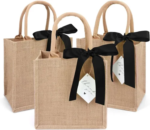 Vista 11 de Paquete de 6 bolsas de arpillera con asas reutilizables pequeñas bolsas de regalo de yute con cintas de seda moradas, forro impermeable para boda