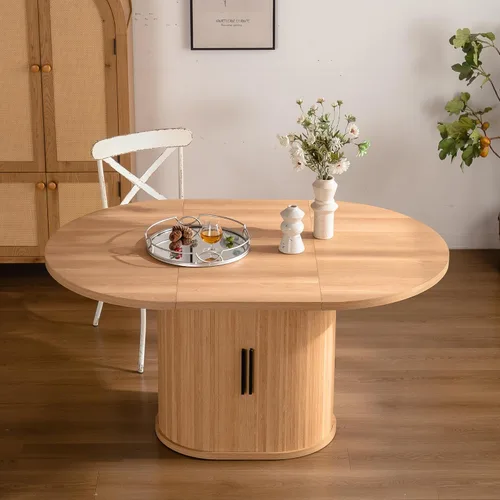 Vista 6 de Juego de mesa de comedor retro grande para 4, moderno juego de mesa de cocina ovalada con 4 sillas tapizadas, mesa de MDF sólida con estante