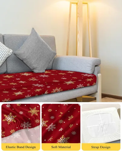 Vista 4 de Fundas de cojín para sofá con diseño de copos de nieve de Navidad rojos, funda elástica para sofá con parte inferior elástica, fundas de sofá