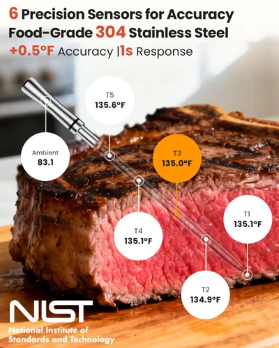 Vista 4 de UNERVER Termómetro inteligente inalámbrico Bluetooth para carne: precisión de ± 0.5 °F, 1 sonda con 6 sensores, termómetro digital WiFi con base