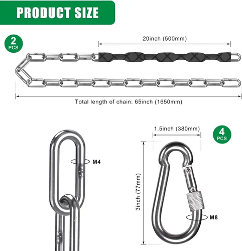 Vista 7 de SELEWARE 2 cadenas colgantes de 65 pulgadas, cadenas colgantes de acero inoxidable de capacidad de 1000 libras con 4 mosquetones, accesorios