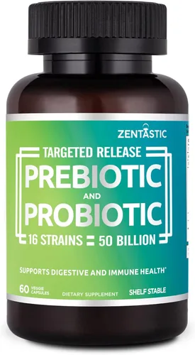 Zentastic Suplemento de probióticos y prebióticos – 50 mil millones de UFC – para hombres y mujeres, salud inmune y digestiva – 16 cepas – estable –