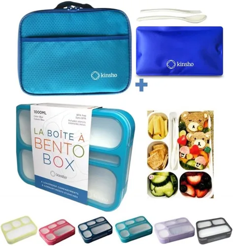 Vista 10 de kinsho Caja Bento con Bolsa de Almuerzo Aislada y Paquete de Hielo. Contenedor de Almuerzo con 3 Compartimentos Divididos Resistentes a Fugas