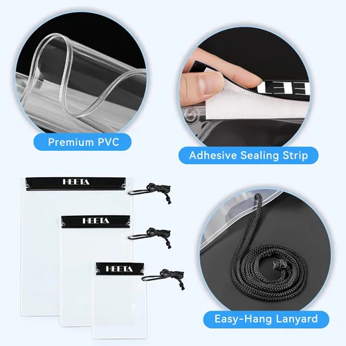 Vista 5 de HEETA Paquete de 5 bolsas secas transparentes impermeables, estuches herméticos, bolsas secas, soporte para documentos para cámara, teléfono