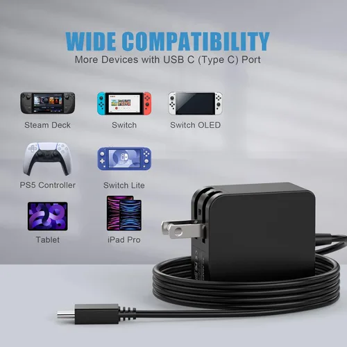Vista 5 de RuntoGOL Cargador de alimentación plegable rápido de 45 W para cubierta de vapor, cable USB C de 4.9 pies, adaptador de corriente de pared