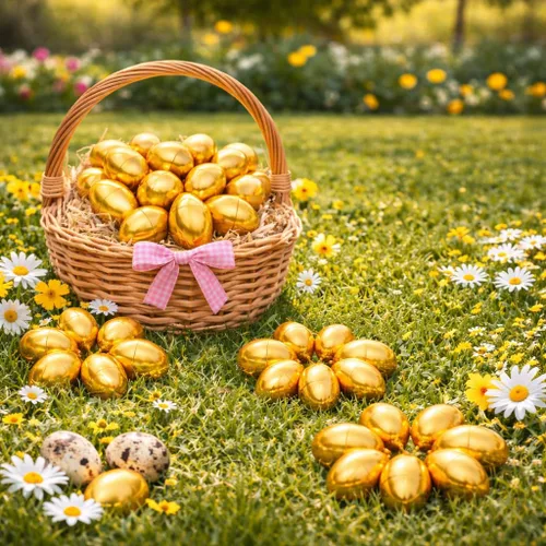 Vista 2 de Set de 47 huevos de plástico dorados 2.25 pulgadas y 1 huevo blanco de Pascua