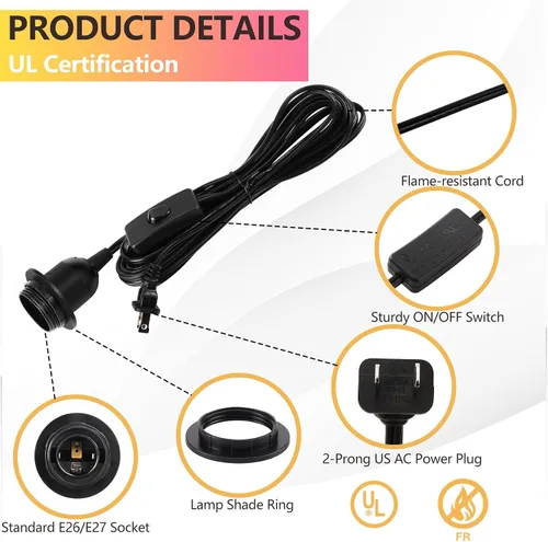 Vista 5 de Cable de luz colgante – Bombilla colgante de 10 pies con cable de enchufe – Paquete de 2 cables de lámpara E26 con cable de extensión negro, cable