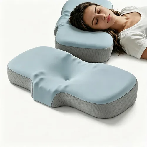 Almohada ergonómica cervical de espuma viscoelástica para aliviar el dolor de cuello, ajuste para dormir de lado, espalda y estómago con funda Azul