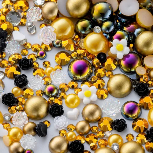 Vista 9 de 60g de perlas planas doradas con parte trasera de diamantes de imitación para manualidades, tamaño mixto de 3mm-10mm, color AB, redondas, cuentas