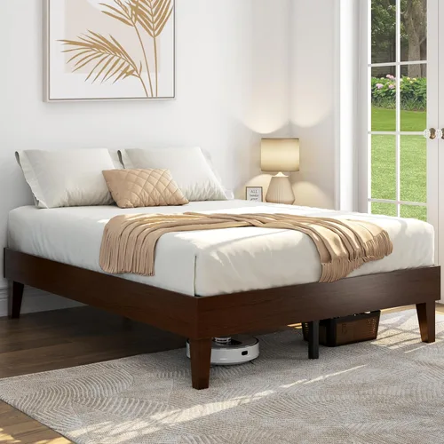 Vista 3 de Yaheetech Base de cama matrimonial con plataforma de madera maciza natural con soporte de listones de madera, espacio debajo de la cama de 12 Nogal