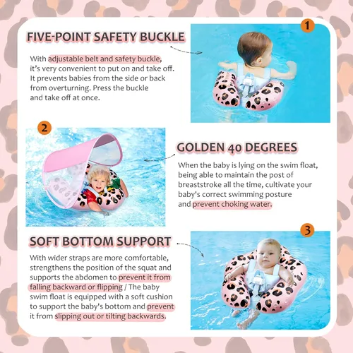 Vista 4 de Baby Pool Float, Leopard Toddler Pool Float Baby Float with Canopy, Infant Pool Floats for Kids 6-36 Months(18-33 lbs)