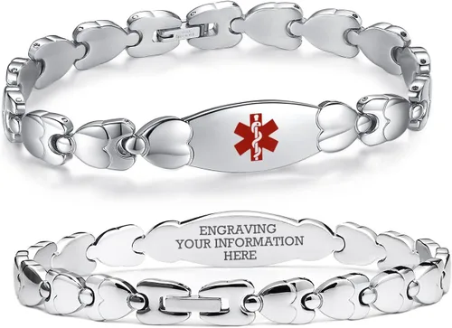 Vista 54 de LinnaLove Pulsera de identificación médica de doble corazón para mujeres 7 1/2 pulgadas de acero inoxidable de moda pulseras de alerta médica