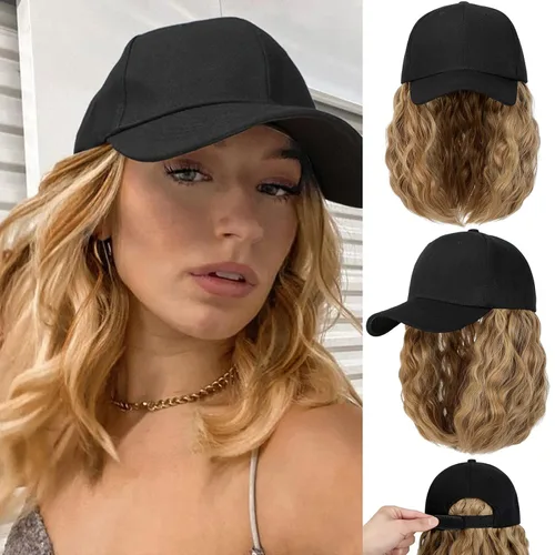 Qlenkay Gorra de béisbol con extensiones de cabello de 14 pulgadas, ondulado, rizado, estilo Bob, peluca ajustable, sombrero de peluca sintética
