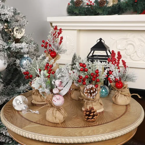 Vista 9 de winemana 6 piezas de mini decoración de mesa para árbol de Navidad, árboles artificiales pequeños de 9 pulgadas con bayas rojas y piña, centro