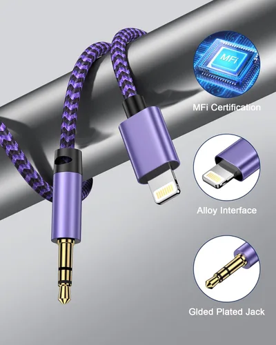 Vista 3 de 2Pack iPhone AUX Cord for iPhone 14 Pro Max/Plus, 13/12/11/XR/X/8/7, [Apple MFi Certified] Lightning to 1/8 Inch Audio Cable,3.3ft
