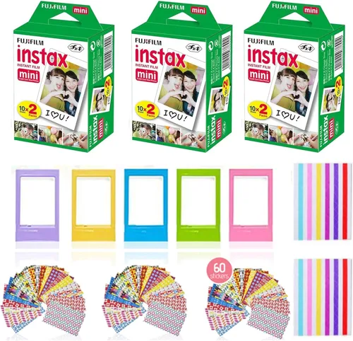 Vista 3 de Fujifilm Película instantánea Instax Mini (paquete de 2, 40 hojas), 5 marcos de escritorio de plástico + 60 marcos de calcomanías + 2 paquetes