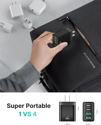 Vista 6 de Bloque de cargador USB C, cargador de pared USB C de 40 W, PD+QC 3.0, adaptador de corriente de doble puerto, 4 puertos multipuerto de carga rápida