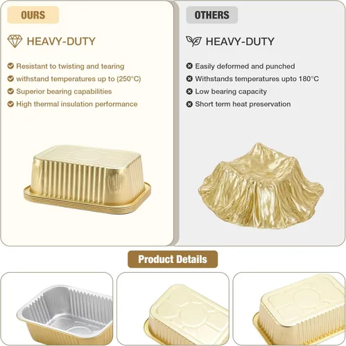 Vista 4 de Sartén de papel de aluminio dorado de 9 x 13 pulgadas, bandeja desechable resistente, recipiente profundo para calentar, hornear, cocinar