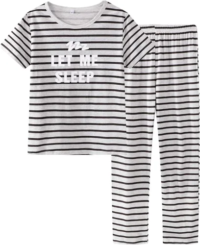 Conjunto de pijama de manga corta con estampado de dibujos animados y pantalones largos color rosa. Set de pijamas para tallas 12-18.