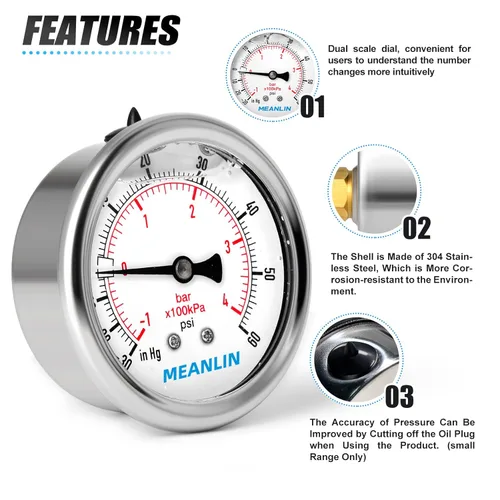 Vista 506 de MEANLIN MEASURE - Vacuómetro de presión de vacío de acero inoxidable, esfera con cara de 2.5 pulgadas, NPT de 1/8 de pulgada, montaje trasero