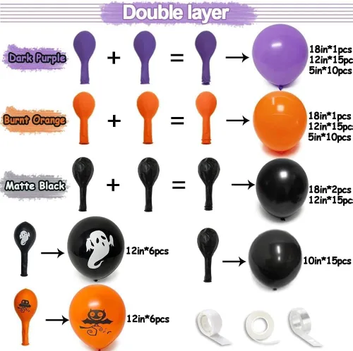 Vista 3 de Kit de arco de globos de Halloween, guirnalda de globos de doble relleno, color negro, morado, naranja, globos naranja quemado con globos
