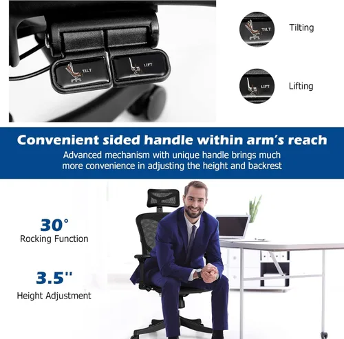 Vista 4 de Ergonomic Office Chair, High Back Office Chair with Adjustable Lumbar Support Comfortable Thick Cushion Computer Desk Chair Wide Headrest &