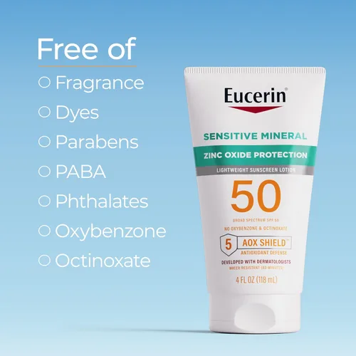 Vista 6 de Eucerin Loción solar mineral sensible al sol SPF 50 con protección de óxido de zinc, protector solar hipoalergénico para pieles sensibles, libre
