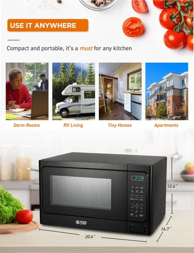 Vista 7 de Microondas Commercial Chef 1.3 pies cúbicos con 10 niveles de potencia, microondas con cerradura de botón de presión, microondas de 1000W para Negro