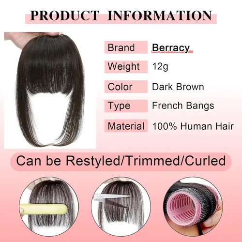 Vista 2 de Flequillo con clip, extensiones de cabello humano 100 % real, flequillo francés falso, fleco francés con sienes, cortina plana frontal ordenada