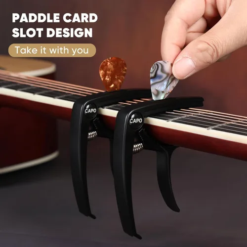Vista 4 de AARVI Cejilla de guitarra de 6 cuerdas para guitarras acústicas y eléctricas, abrazadera universal con 4 púas de alta calidad, compatible con Negro