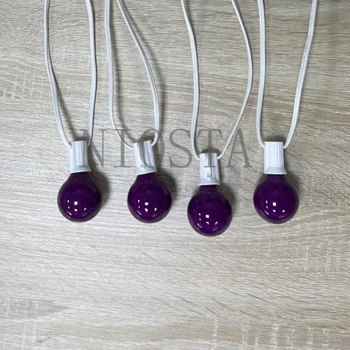 Vista 4 de Paquete de 25 bombillas de repuesto G40, bombillas de vidrio incandescente de 5 W 120 V, para tira de luces E12 para exteriores, color morado