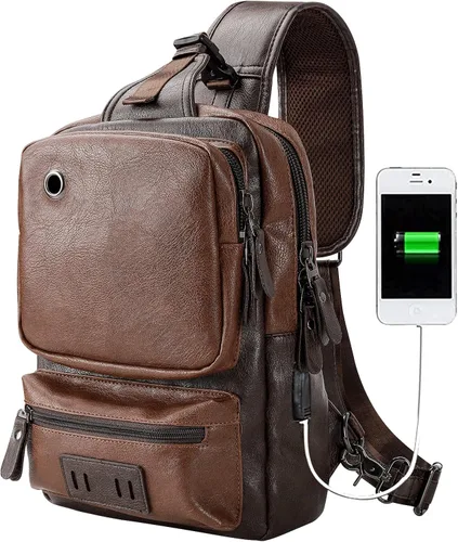 Vista 3 de AONETIGER Small Sling Crossbody Backpack Shoulder Bag Vintage PU Leather Daypack Rucksack with USB Charger bag for Men