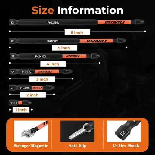 Vista 3 de Juego de 12 brocas Phillips #2 Impact Magnetic, S2 Steel, 1 2 3 4 5 6 pulgadas de largo, brocas PH2 de 1/4 de vástago hexagonal Phillips