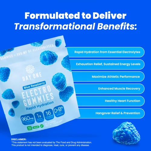 Vista 3 de Day One Electrogummies - 60 gomitas de electrolitos con sabor a frambuesa azul para hidratación y recuperación, repletas de electrolitos esenciales