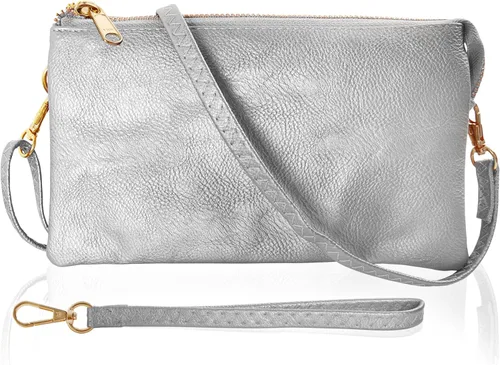 Vista 10 de Humble Chic bolsa pequeña de piel vegana, para usar cruzada o cartera con ajuste de pulsera, incluye hombro ajustable y correa para muñeca.